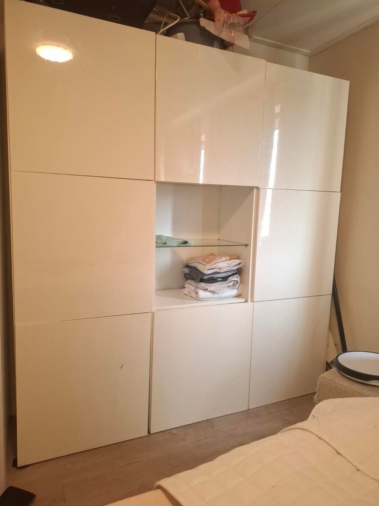 Moderne witte kast met open vak en deuren, Ophalen, 100 tot 150 cm, Modern, Strak, Glas