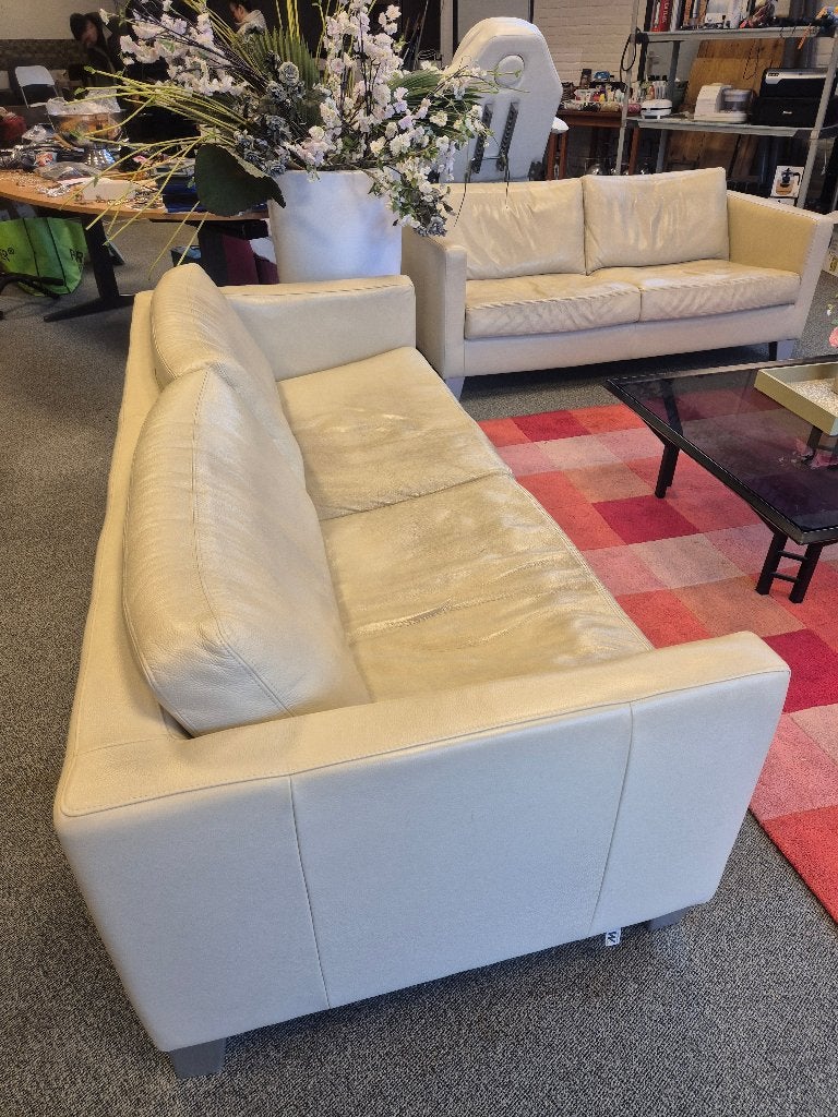 Roomwit leren bankstel, Ophalen, Gebruikt, 75 tot 100 cm, Leer