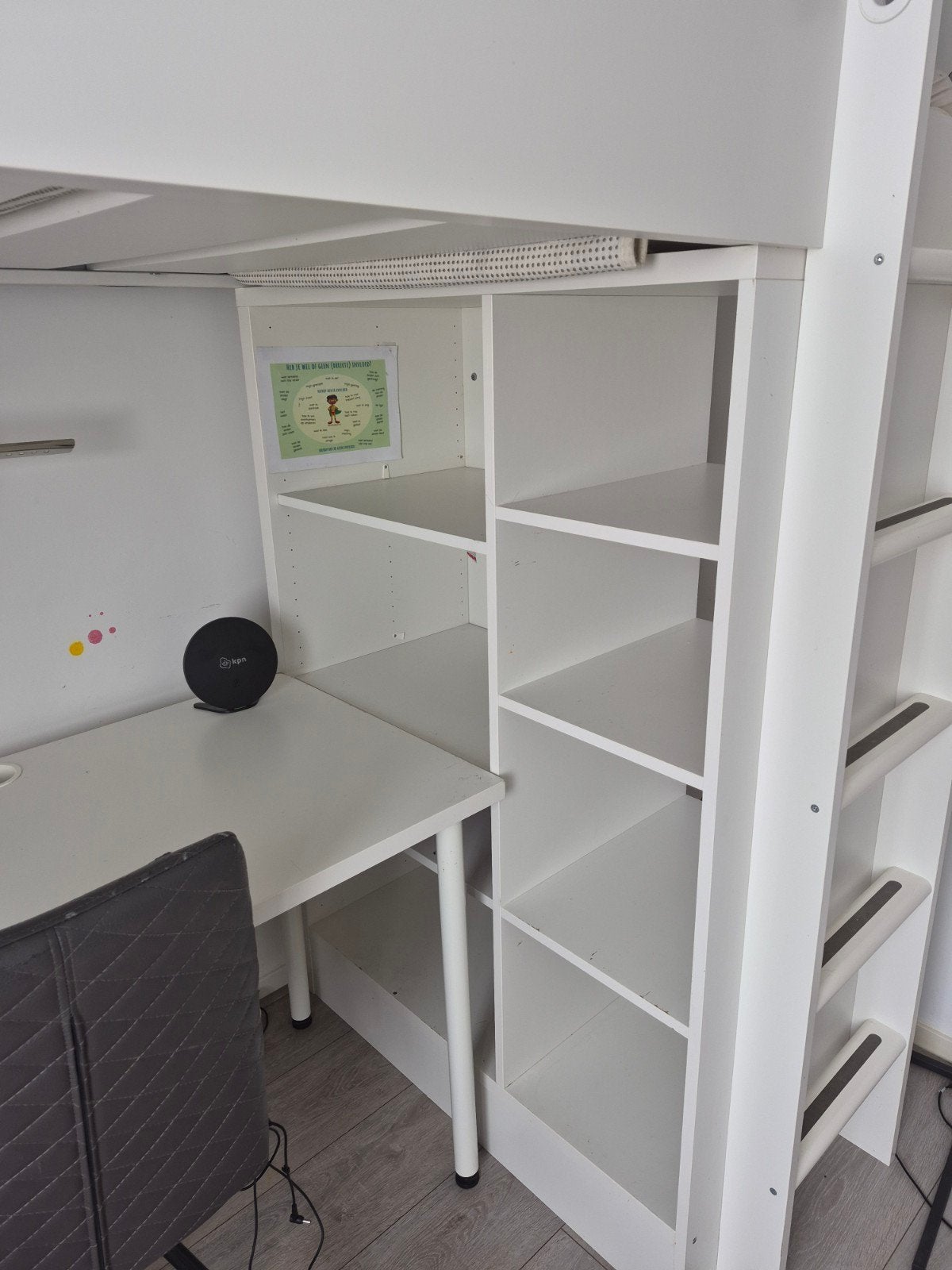 Hoogslaper met bureau en opbergruimte - Wit, Ophalen, Eenpersoons, 90 cm, Hoogslaper