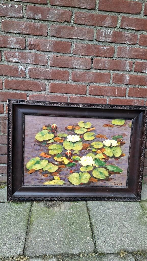 Schuurvondst: Schilderij met waterlelies, gesigneerd H. Hess, Ophalen of Verzenden