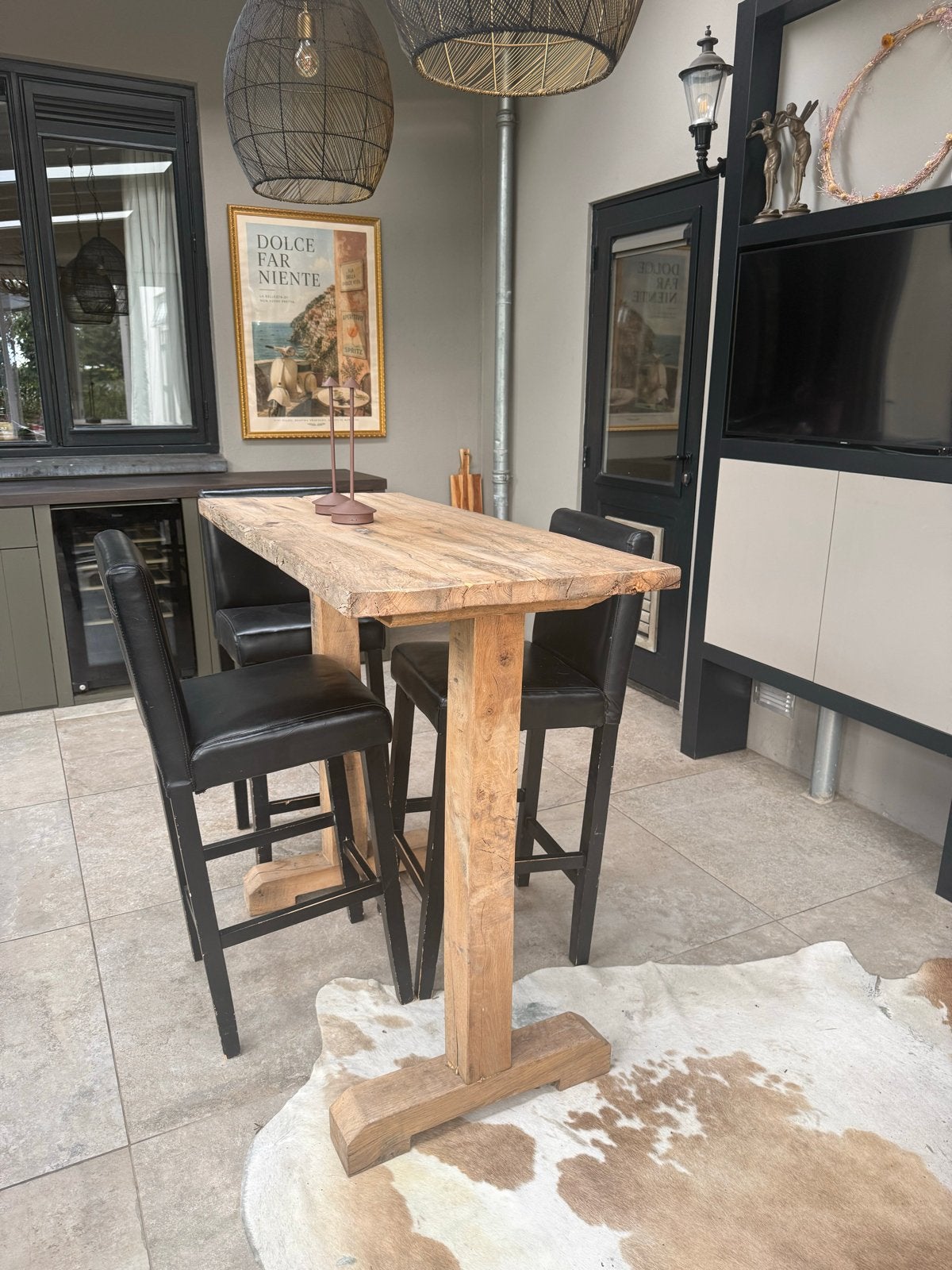Robuuste bartafel van oud eiken met 3 Barkrukken, Ophalen, Gebruikt