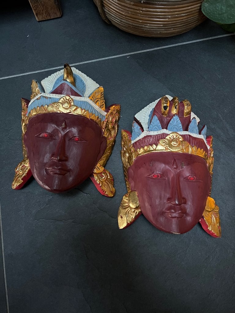 Rama Sita houtsnijwerk vintage masker set 30 cm, Antiek en Kunst, Groep mensen, 20 - 50 cm, Hout, Azië