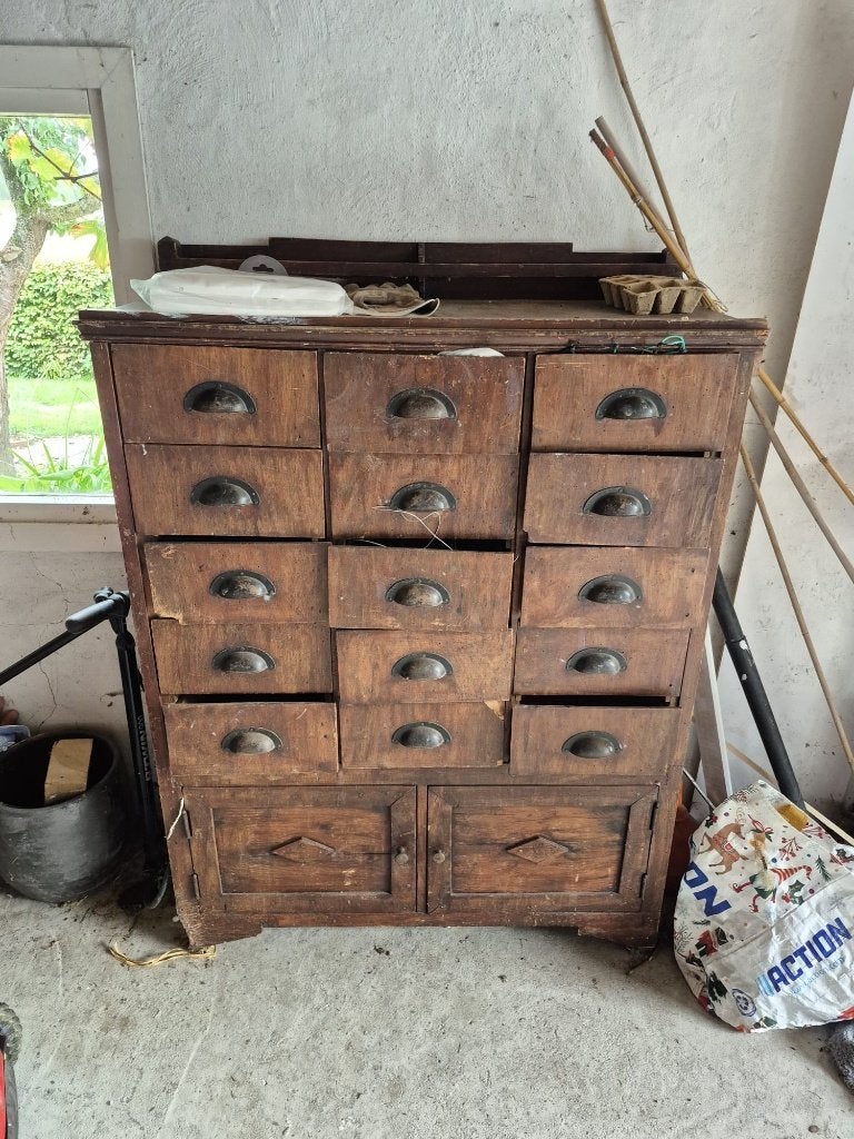 Antieke Houten Apothekerskast / Grutterskast, Huis en Inrichting, Gebruikt, 5 laden of meer, 100 tot 150 cm, 50 tot 100 cm