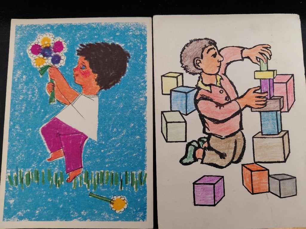 ingekleurde kinderkaarten, 2 st. gelopen, 1964, Verzenden, 1960 tot 1980, Gelopen