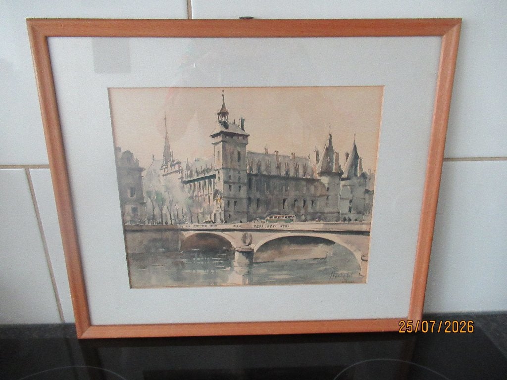 AQUAREL IN LIJST- CONCERGERIE TE PARIJS- FRANZ HERBELOT-1950, Antiek en Kunst, Ingelijst, Ophalen of Verzenden, Overige techniek