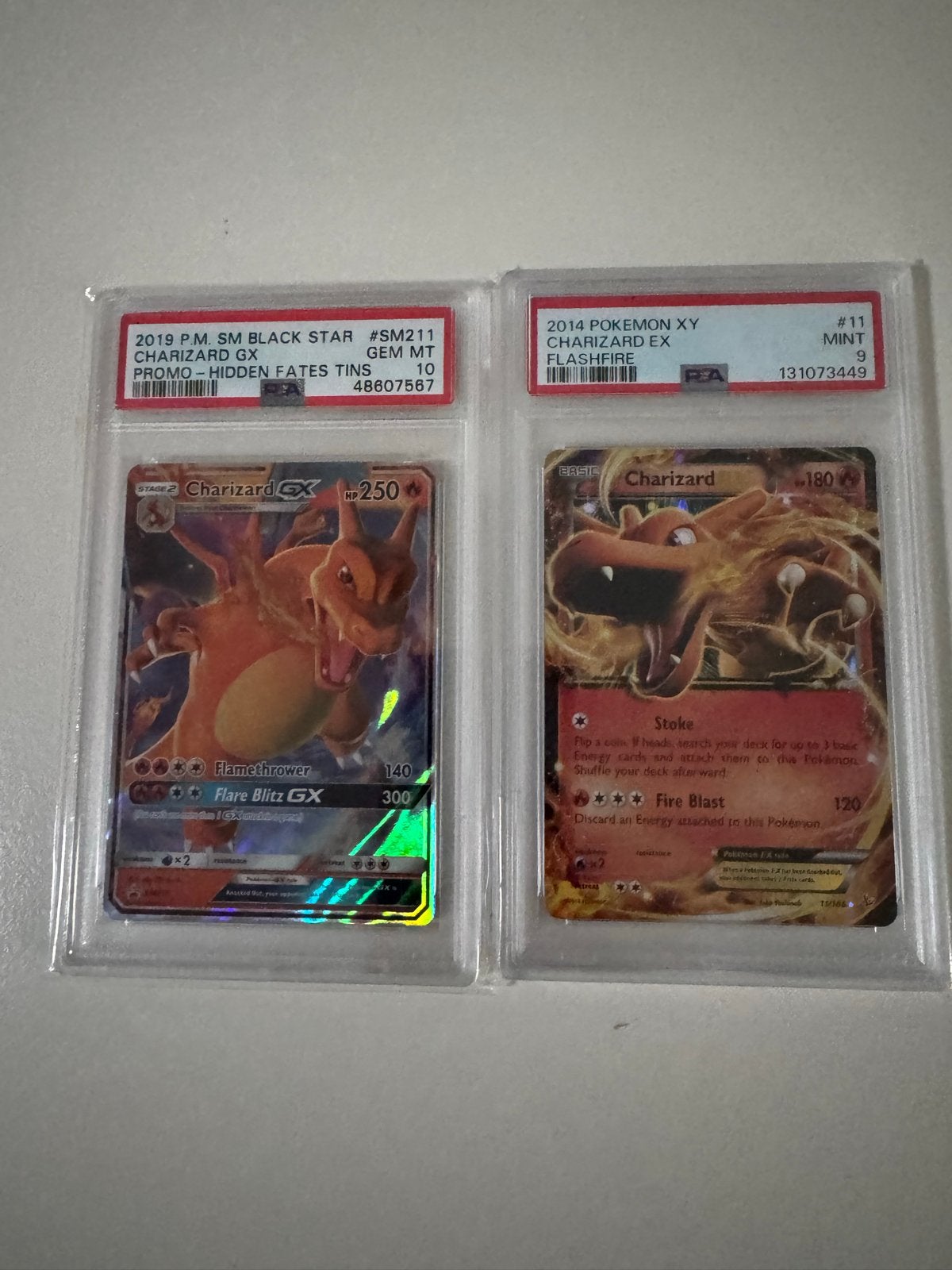 PSA 10 Charizard GX & PSA 9 Charizard EX Pokémon kaarten, Ophalen of Verzenden, Zo goed als nieuw, Losse kaart