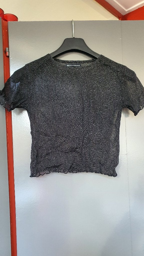 Brandy Melville zwarte glitter croptop – mesh, Ophalen of Verzenden, Zo goed als nieuw, Zwart, Lange mouw