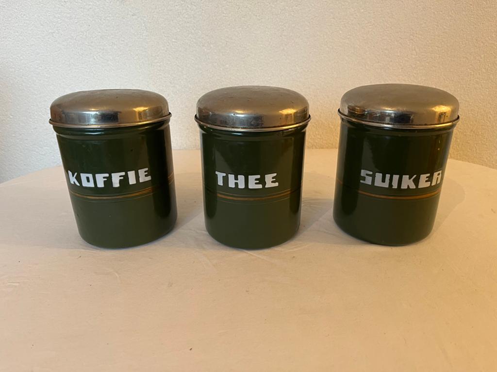 Oude Antieke Emaille Voorraadbussen Koffie Thee Suiker, Antiek en Kunst, Ophalen of Verzenden
