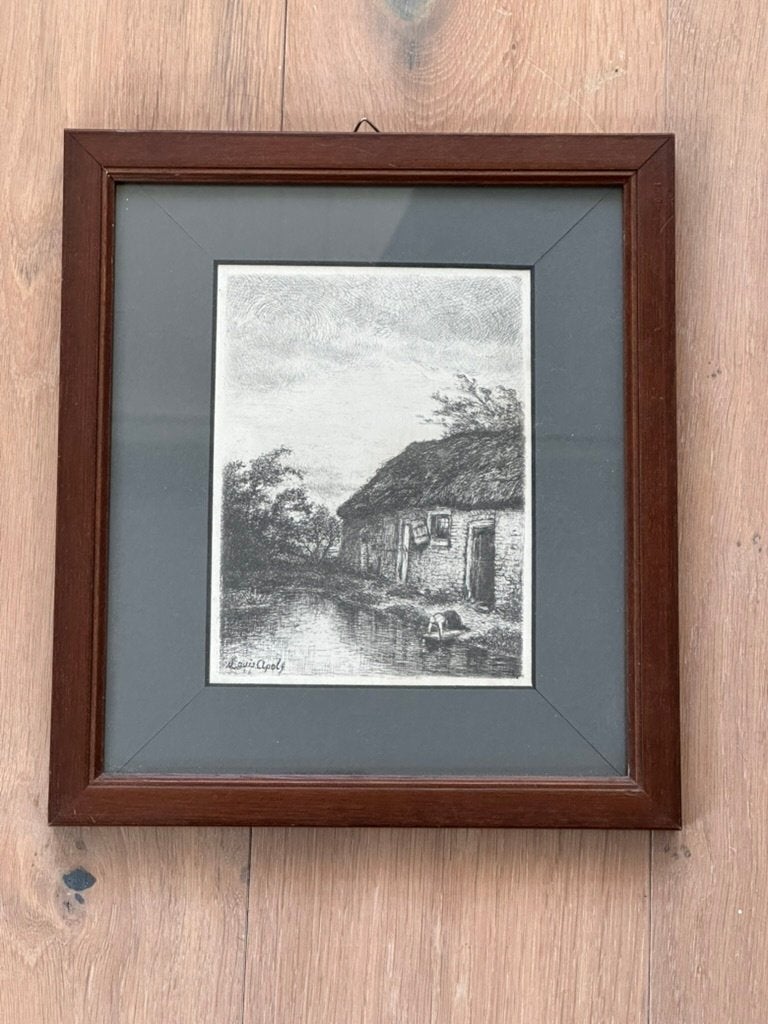 Louis Apol: ets boerderij aan het water, ingelijst, Ophalen of Verzenden, Dagelijks leven, Ets, 1800 - 1899