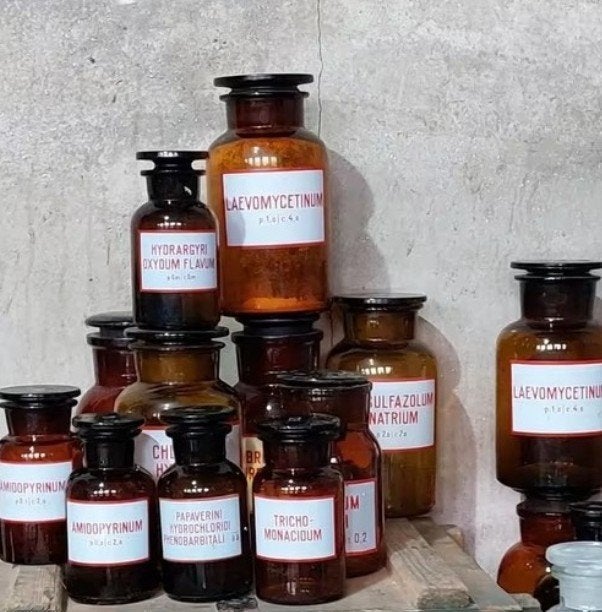 Oude antieke apothekersflessen geemailleerd etikel apotheek, Ophalen of Verzenden