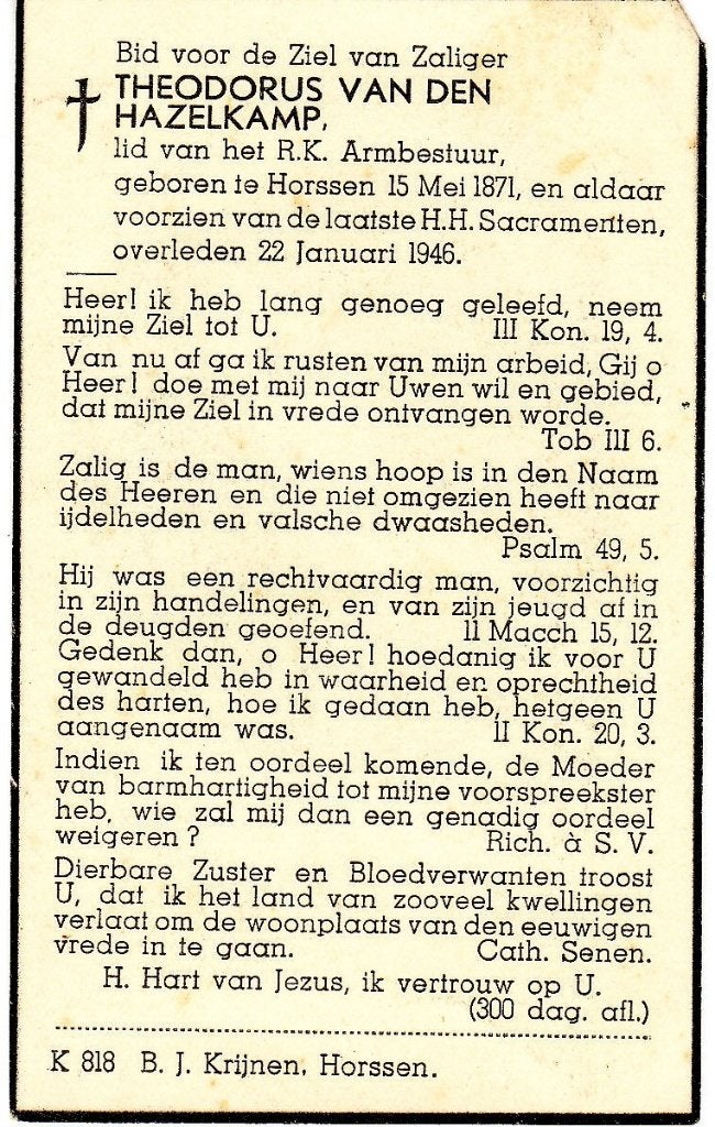 Horssen 1871 - 1946 Theodorus van den Hazelkamp, Ophalen of Verzenden, Bidprentje