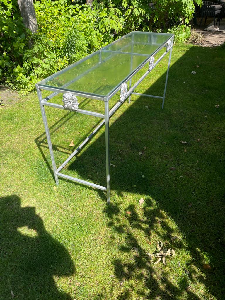 Metalen console tafel met glazen blad, Tuin en Terras, Ophalen of Verzenden, Gebruikt, Rechthoekig, Metaal