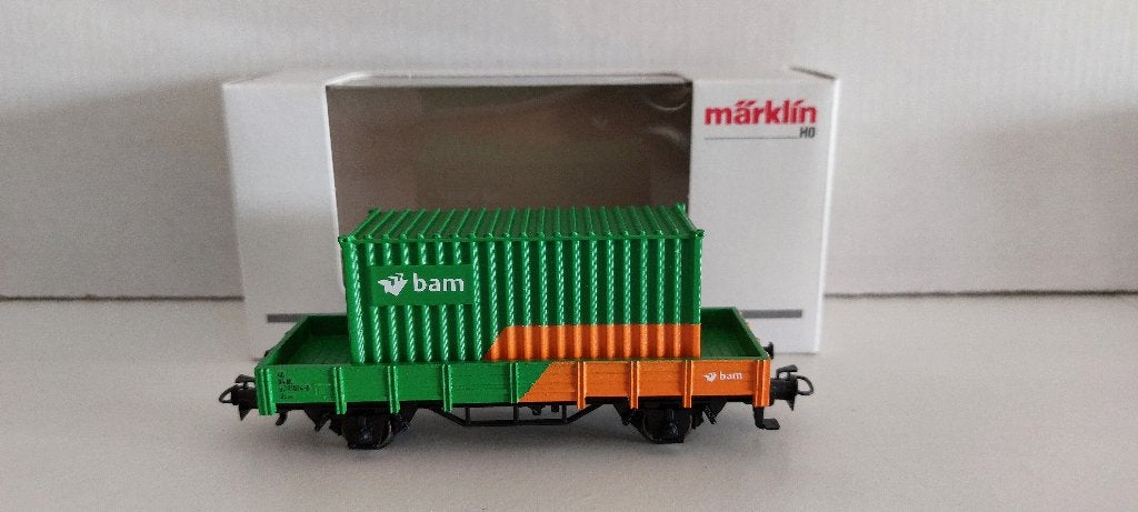 Bam Lage Bakwagon met 20ft. Container *Nieuw* (03), Wisselstroom, Ophalen of Verzenden, NS, Märklin