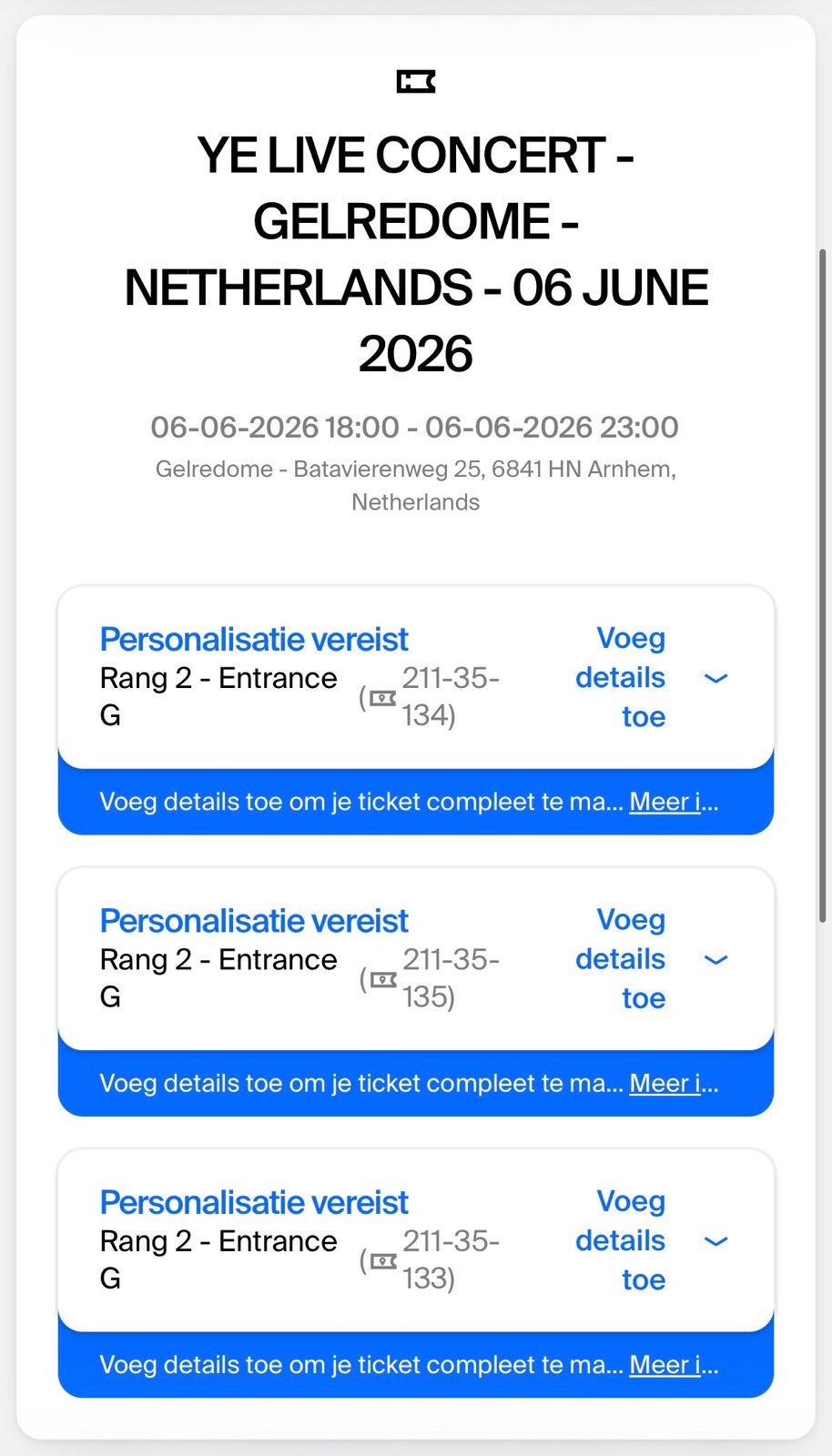 2 of 3 x Ye Live Concert - GelreDome - 6 Juni - Rang 2, Tickets en Kaartjes, Twee personen, Juni