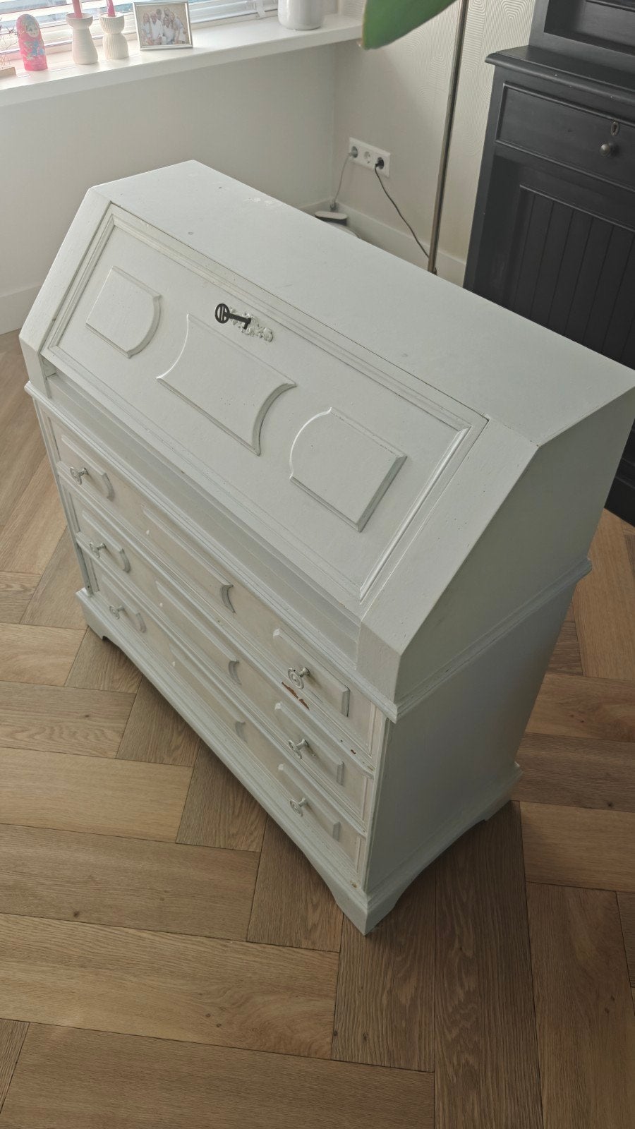 Witte brocante secretaire met 3 lades, Ophalen, Gebruikt, Minder dan 50 cm, 75 tot 100 cm