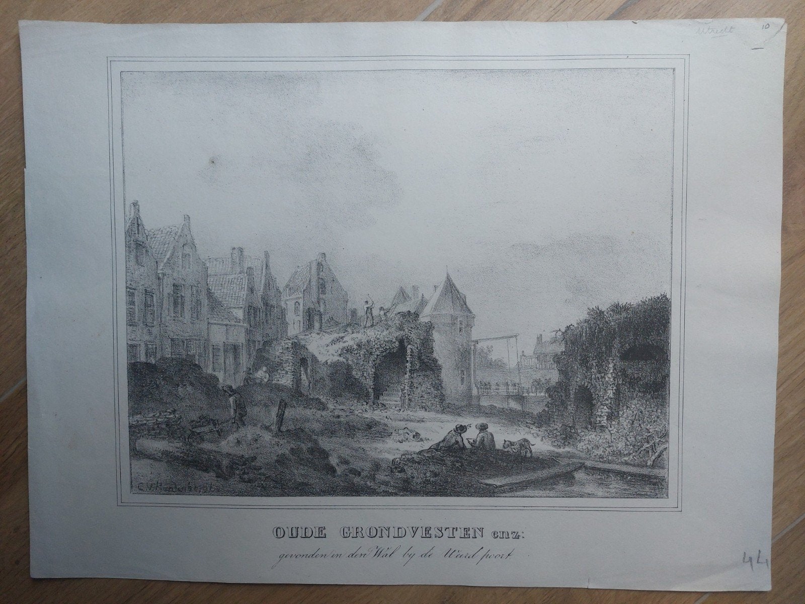 10 Oude Grondvesten bij Weerdpoort Utrecht Steendruk 1830, Gesigneerd in de plaat, Ophalen of Verzenden, Kaarten en plattegronden