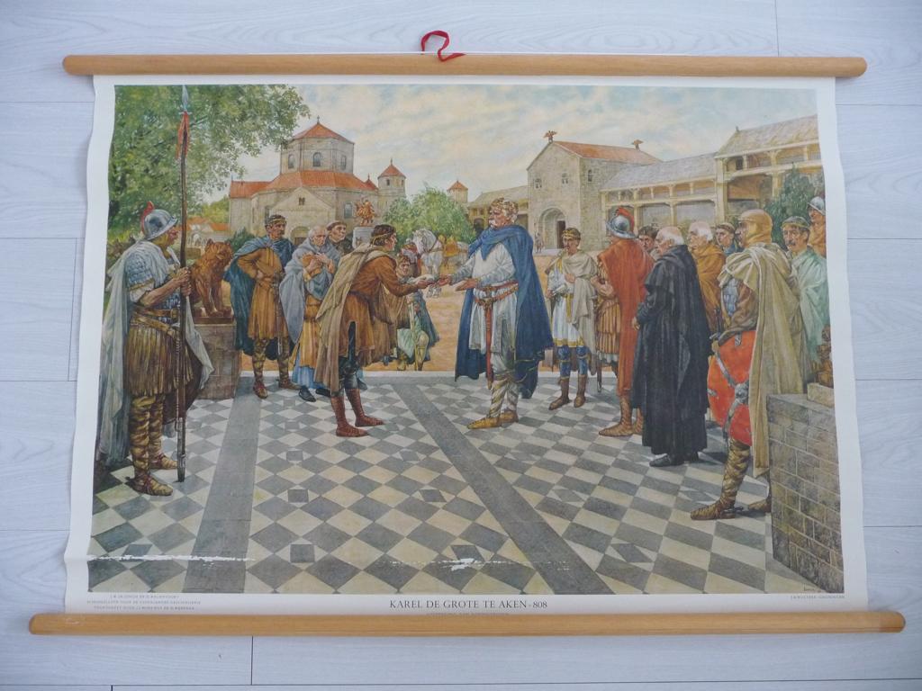 schoolplaat - KAREL DE GROTE TE AKEN - Nr.3A, Antiek en Kunst, Antiek | Schoolplaten, Ophalen, Geschiedenis