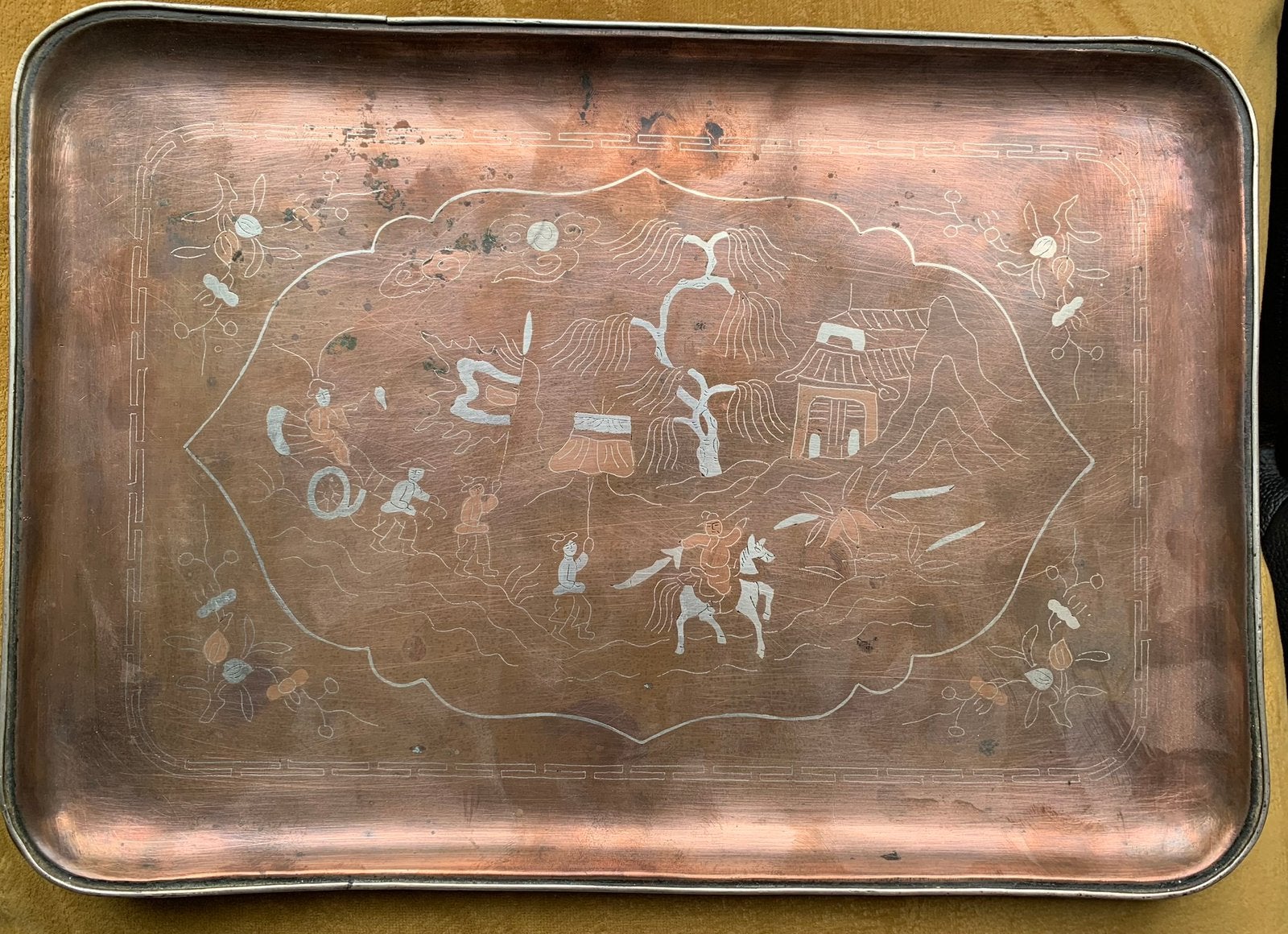 Antiek Chinees koperen blad, 18e eeuw, ingelegd met zilver, Ophalen of Verzenden