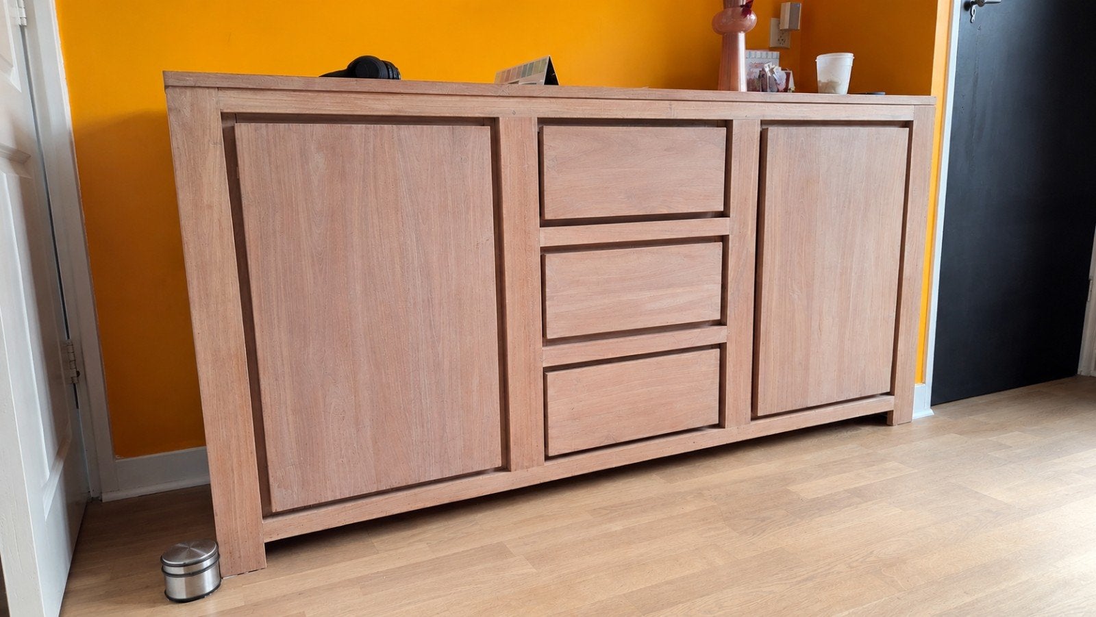 Massief teakhouten dressoir met lades en deuren, Gebruikt, Met deur(en), 150 tot 200 cm, Ophalen of Verzenden