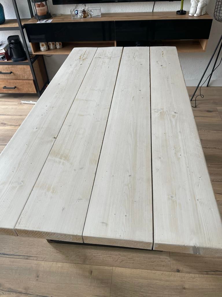Jorg Steigerhout Eettafel met Stalen Poten, Ophalen, Gebruikt, 50 tot 100 cm, 150 tot 200 cm