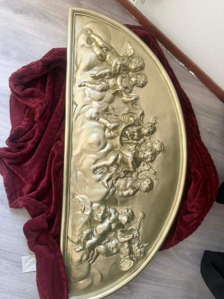 Zware brede gipsen wanddecoratie ornament met vele engelen, Antiek en Kunst, Kunst | Beelden en Houtsnijwerken, Ophalen of Verzenden