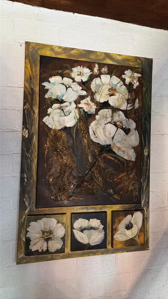 Groot bloemen schilderij met reliëf, Ophalen of Verzenden