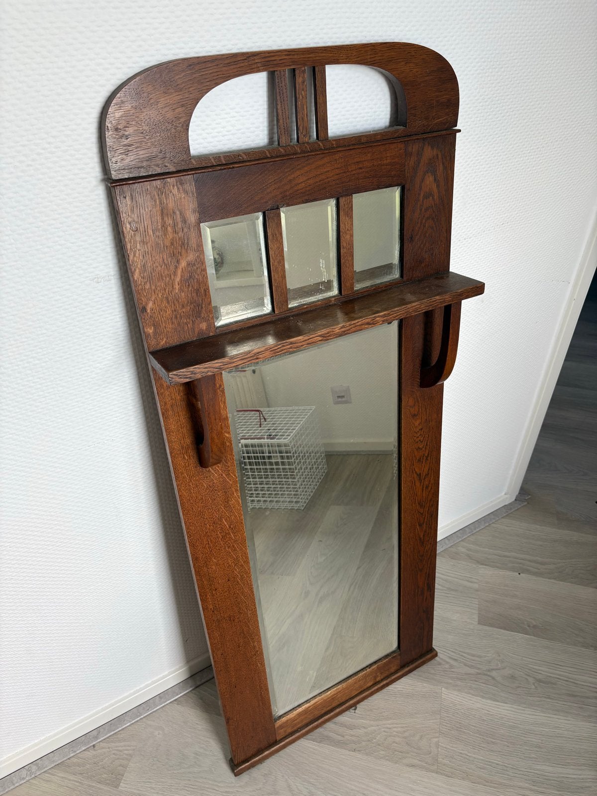 Antieke houten spiegel met plankje en kleine spiegels, Antiek en Kunst, Ophalen, Rechthoekig, Minder dan 50 cm, 100 tot 150 cm