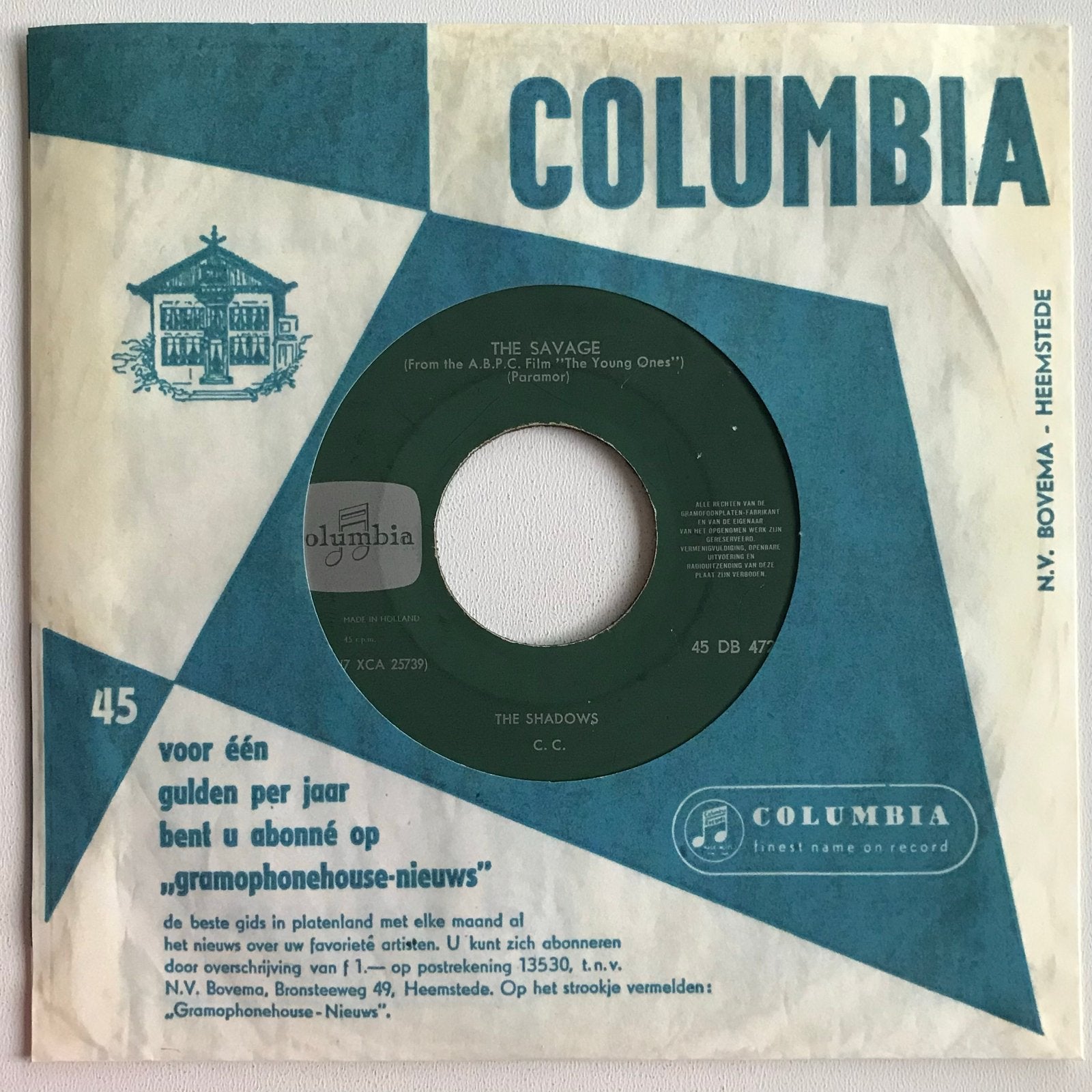 The Shadows - The Savage / Peace Pipe (Columbia 45 DB 4726), Gebruikt, 7 inch, Ophalen of Verzenden, Pop