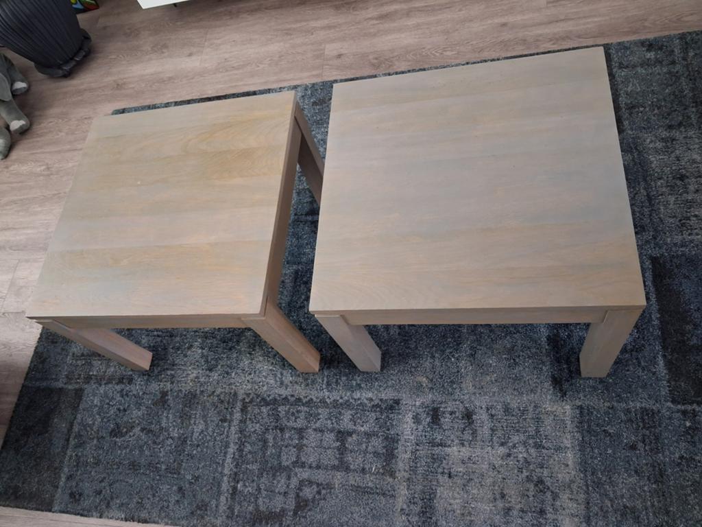 2 greywash  bijzettafels. Massief eiken 55x55, Huis en Inrichting, Tafels | Bijzettafels, Ophalen of Verzenden, Vierkant, 45 tot 60 cm