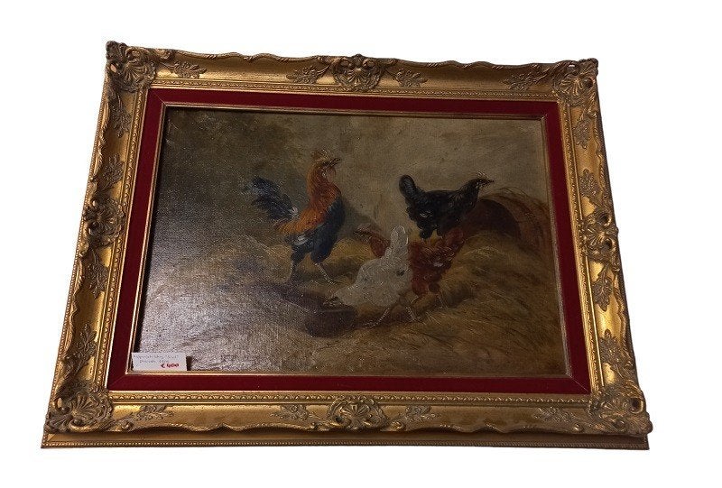 kippenschilderij "Sivel" periode 1900, Antiek en Kunst, Kunst | Schilderijen | Klassiek, Ophalen, Doek, Dieren, Olieverf