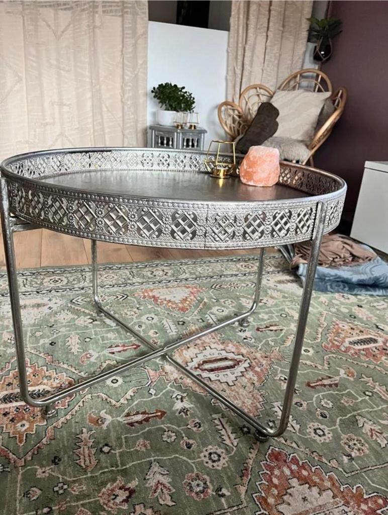 Zilveren salontafel met oosterse details, Ophalen, Gebruikt, 50 tot 75 cm, Rond