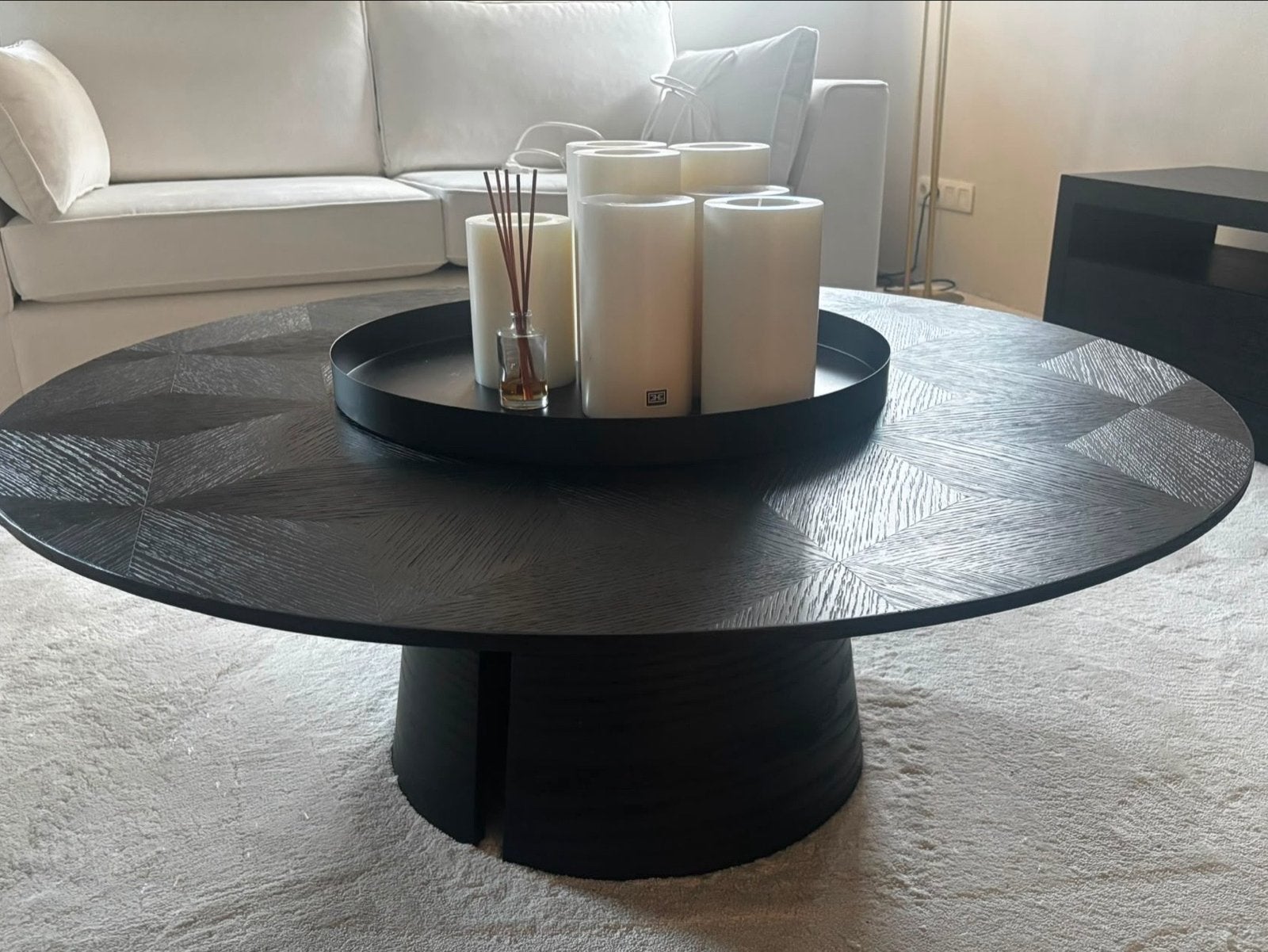 Richmond Salontafel 110Ø - Zwart Houtlook, Ophalen, 100 tot 150 cm, Zo goed als nieuw, Eikenhout