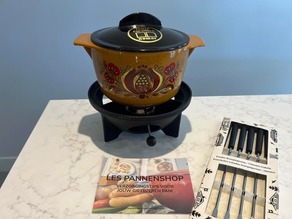 Nomar fonduepannetje met brander, Gebruikt, Gietijzer, Ophalen of Verzenden, Staub