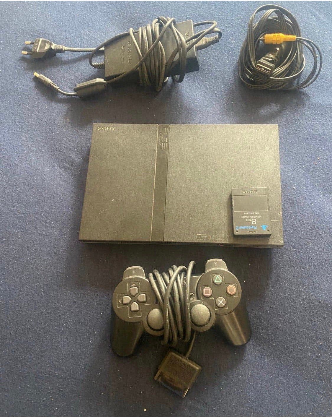 Complete Sony PlayStation 2 (PS2) Slim, Zwart, Ophalen of Verzenden, Zo goed als nieuw, Met geheugenkaart