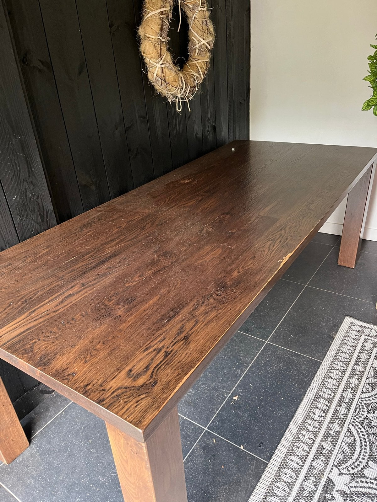 Massieve eikenhouten eettafel 220x96 cm - opknapper, Gebruikt, Eikenhout, 200 cm of meer, Vijf personen of meer