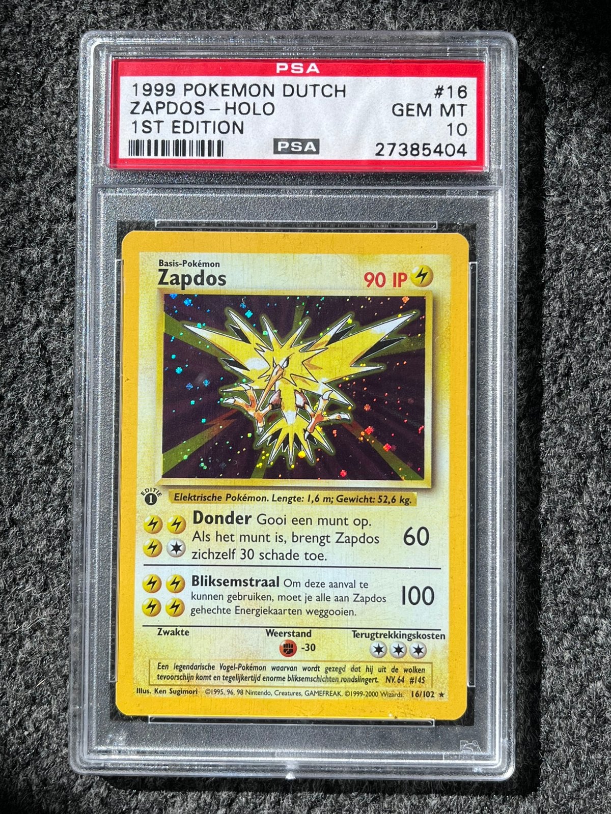 Pokémon PSA 10 Dutch 1st Ed. Zapdos Holo Base set (POP 9!) 2, Ophalen of Verzenden, Zo goed als nieuw, Losse kaart, Foil