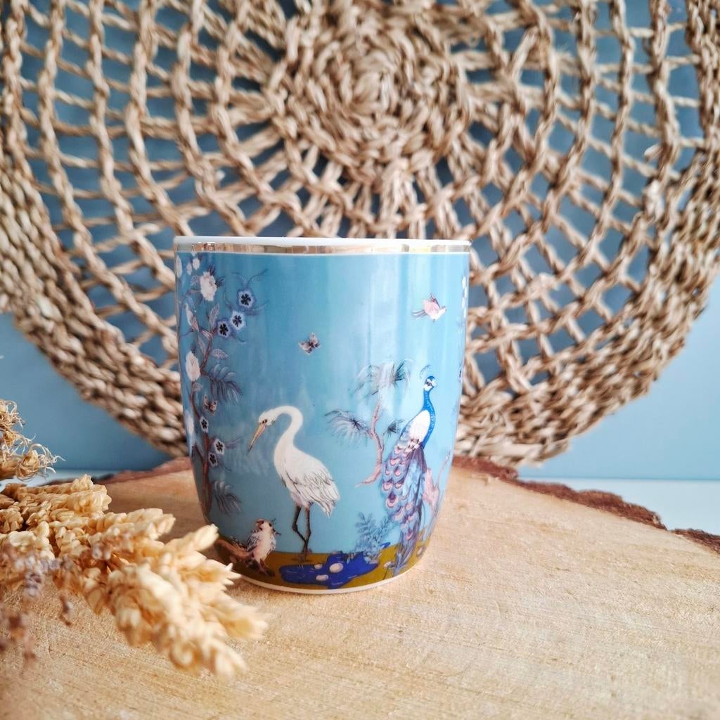 Siaki, petrol (senseo) mok met vogels, Huis en Inrichting, Keuken | Servies, Ophalen of Verzenden, Zo goed als nieuw, Kop(pen) en/of Schotel(s)