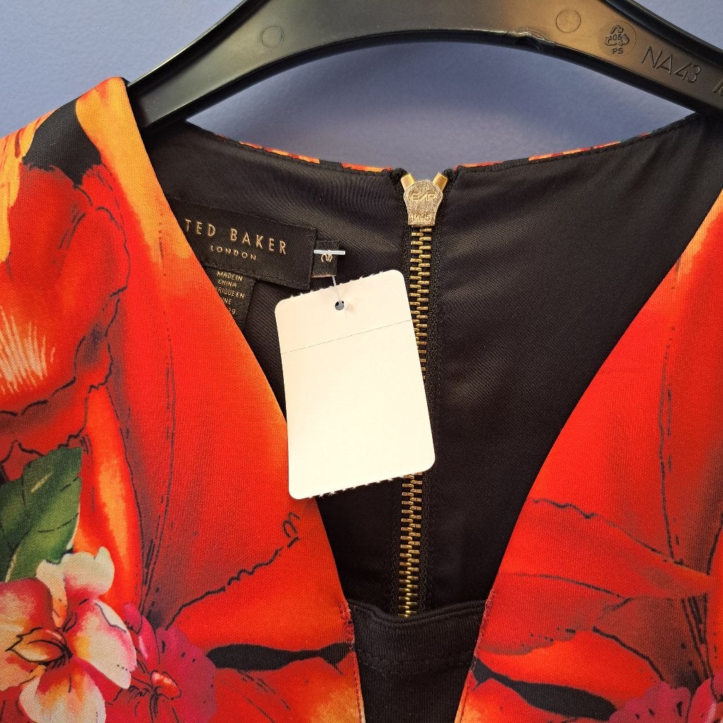 Ted Baker midi/maxi jurk zwart + bloemen + toekans S 45573, ., Ted Baker, Ophalen of Verzenden, Zo goed als nieuw