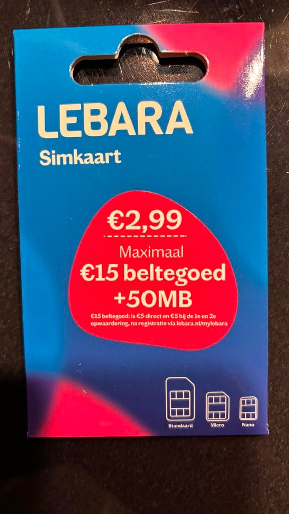 Lebara Prepaid Simkaart - €15 Beltegoed + 50MB, Telecommunicatie, Prepaidkaarten en Simkaarten, Ophalen, Nieuw, Overige providers
