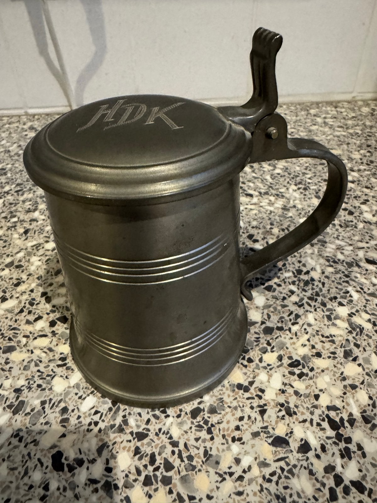 Antieke tinnen bierpul met deksel en initialen 'HDK', Antiek en Kunst, Ophalen of Verzenden