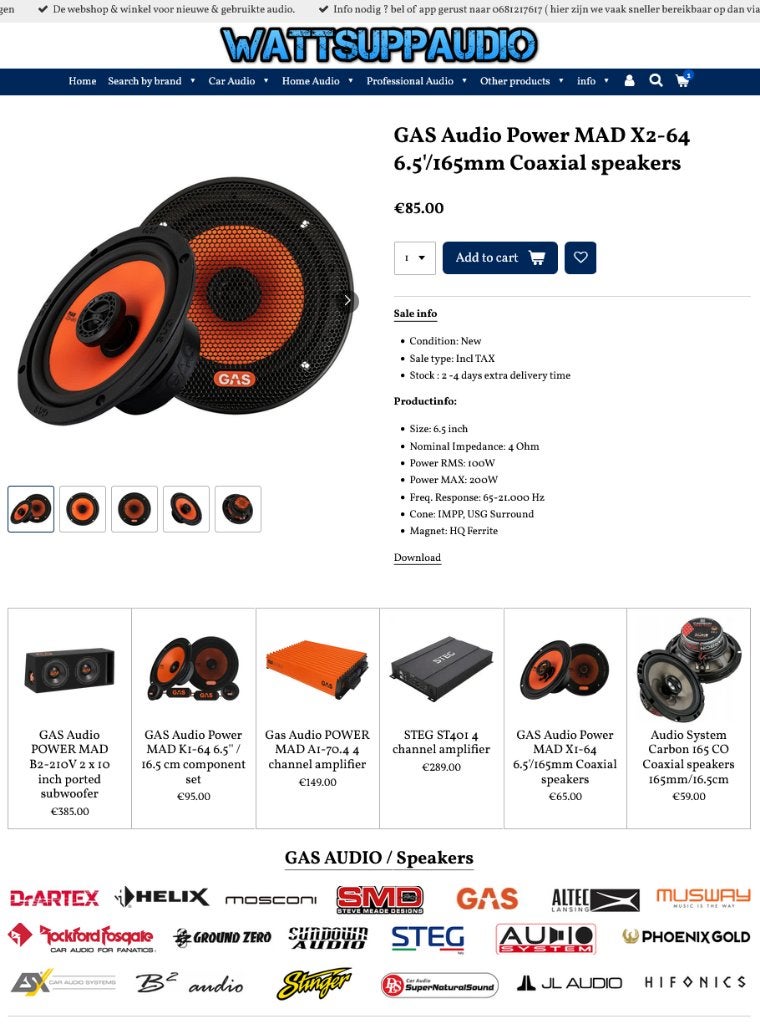 GAS Audio Power MAD X2-64 6.5'/165mm Coaxial speakers 16.5cm, Info@optimount.nl, Nieuw, Ophalen of Verzenden, Anholtseweg 48A 7091 HB DINXPERLO