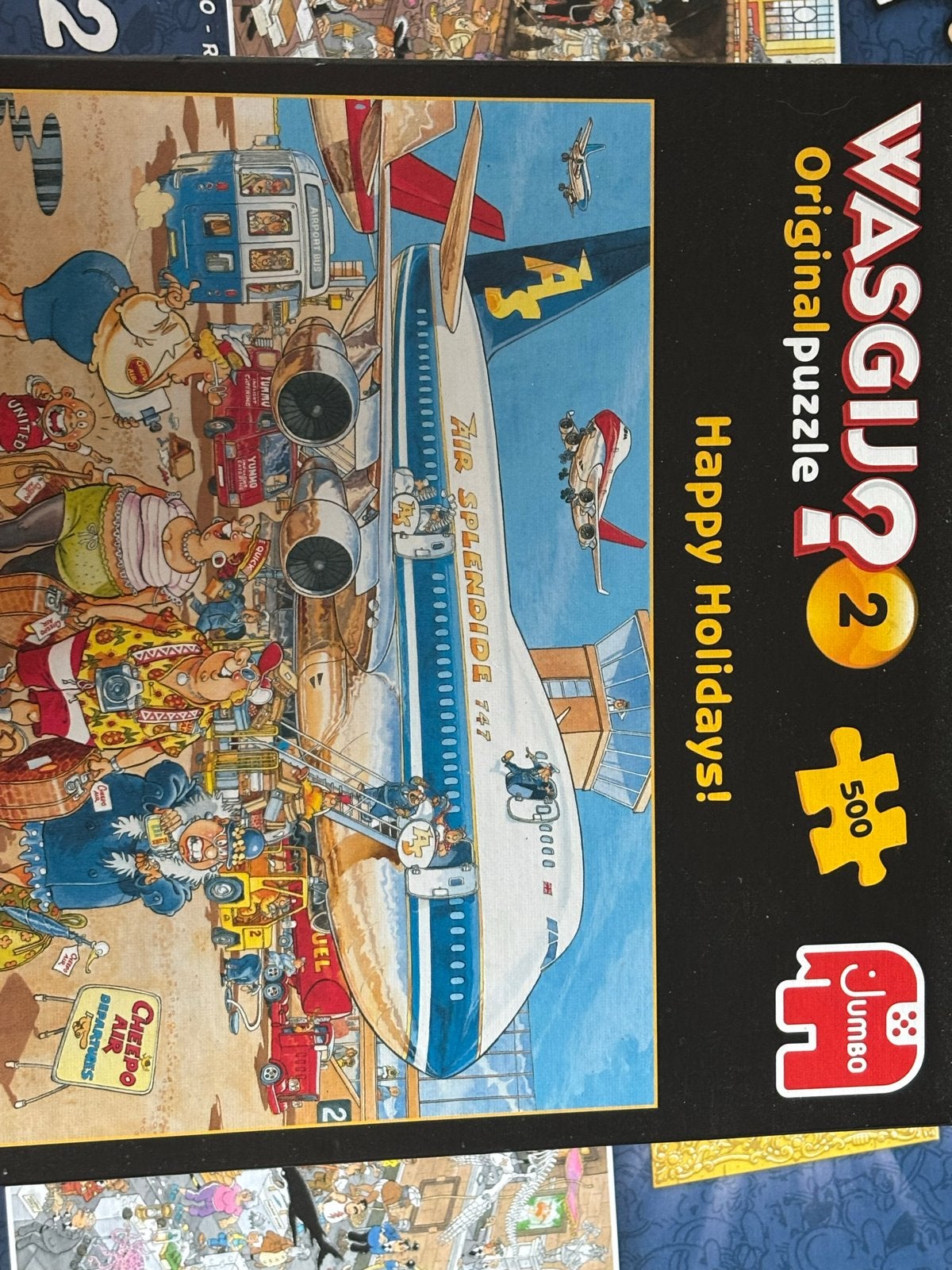 2 puzzels in doos: Jan van Haasteren en Wasgij, Ophalen of Verzenden, 500 t/m 1500 stukjes, Gebruikt, Legpuzzel