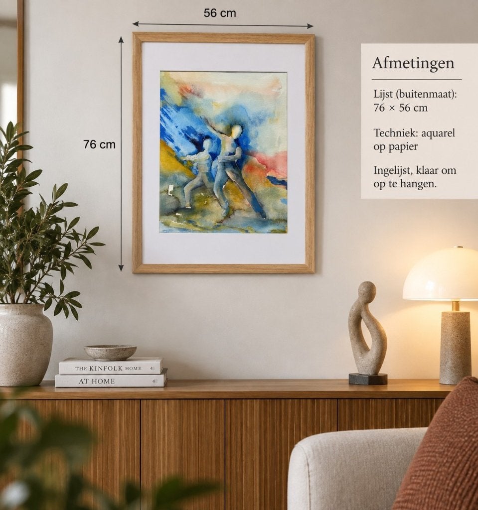 Aquarel met twee figuren – ingelijst – 76 56 cm, Ophalen of Verzenden