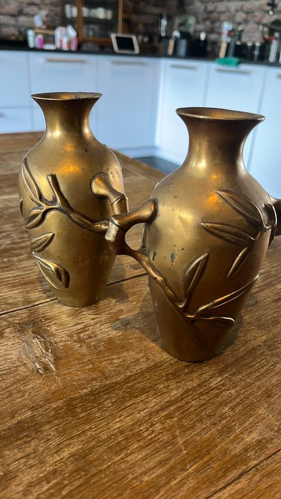 Set van 2 Vintage Messing Vaasjes met Bamboe Decoratie, Antiek en Kunst, Antiek | Vazen, Ophalen of Verzenden