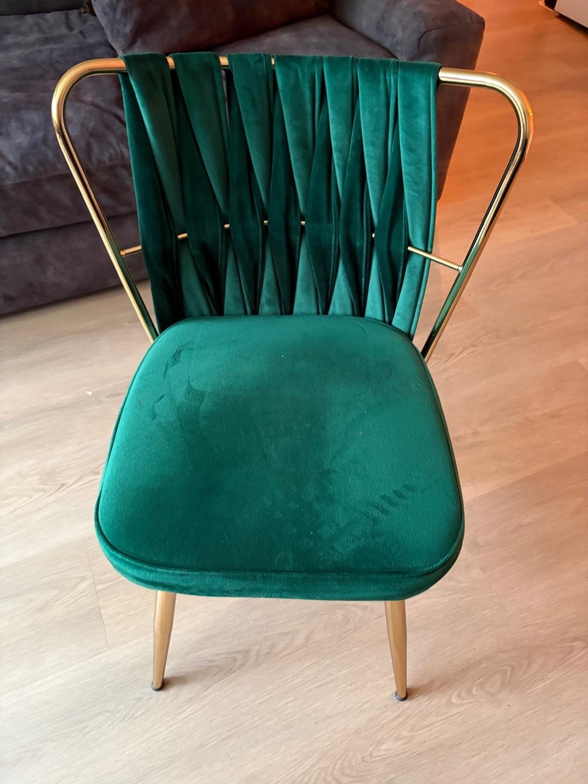 2 nette eetkamerstoelen - Groen fluweel met gouden poten, Ophalen, Twee, Overige kleuren, Zo goed als nieuw
