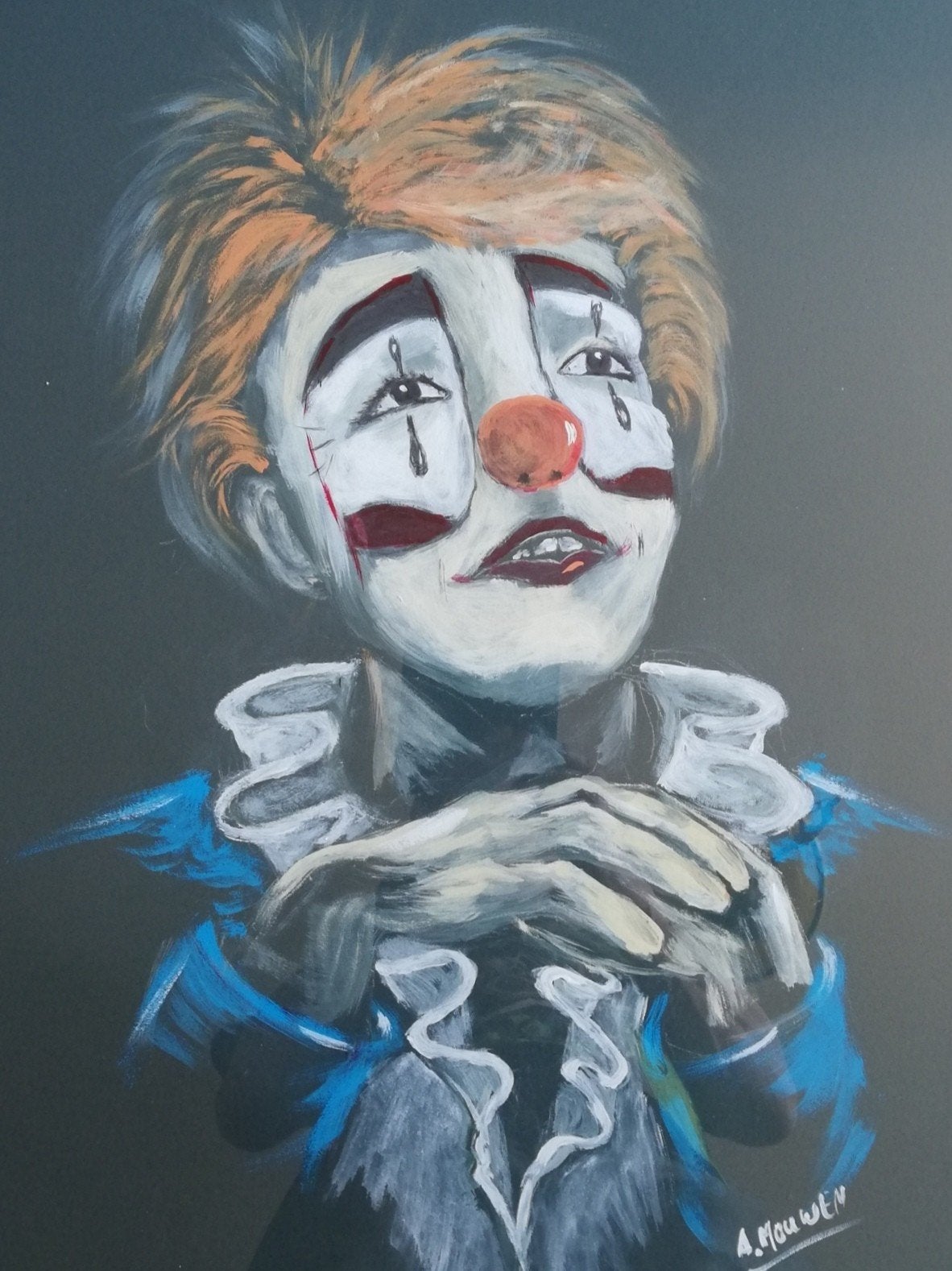 Portret Clown. Sign. Acryl/papier. 61/81 cm., Antiek en Kunst, Ophalen, Acrylverf, Papier/karton, Achter glas