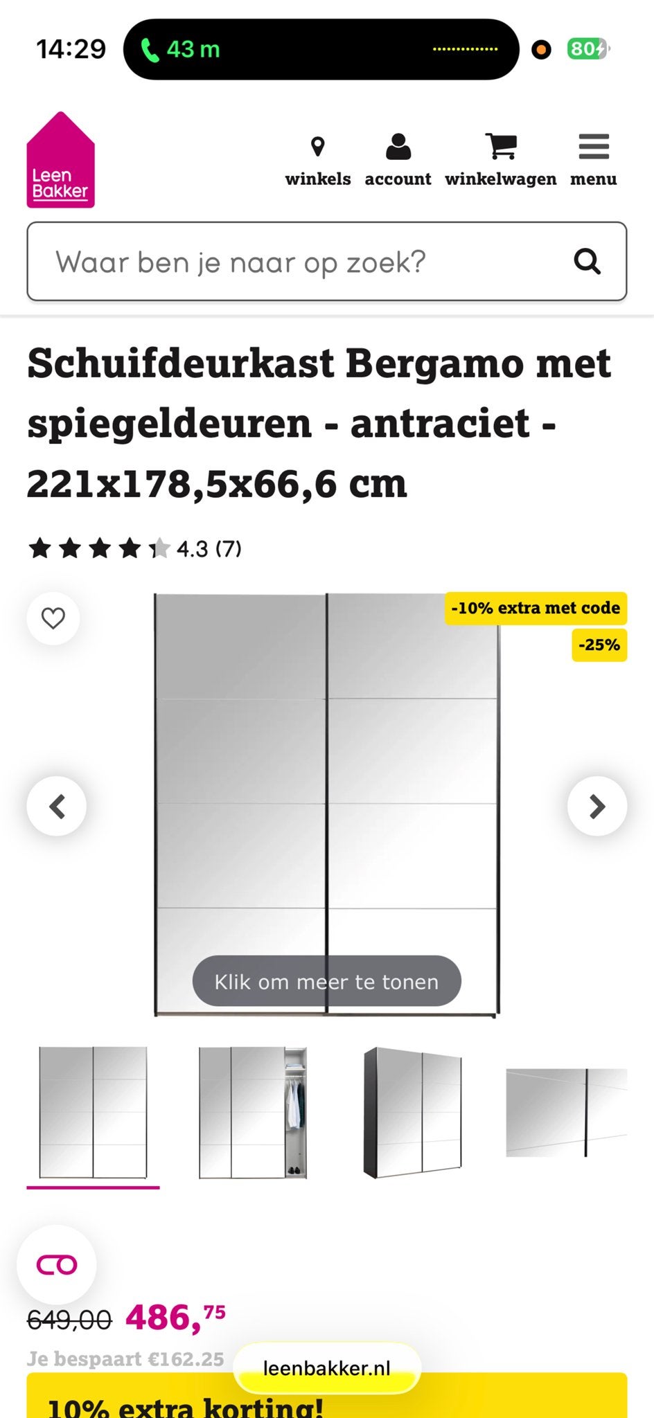 Schuifdeurkast Bergamo met spiegeldeuren - antraciet, Ophalen, Overige materialen, 200 cm of meer, 150 tot 200 cm