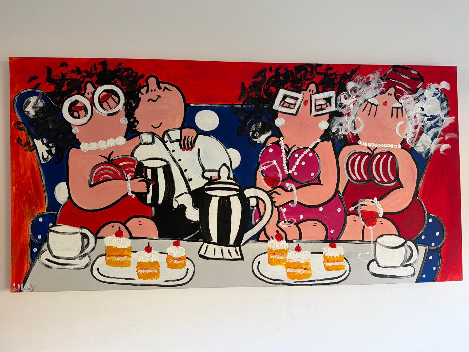 Modern schilderij 'Tea Time' van Lilly, Antiek en Kunst, Ophalen, Gesigneerd, Overige materialen, Figuren