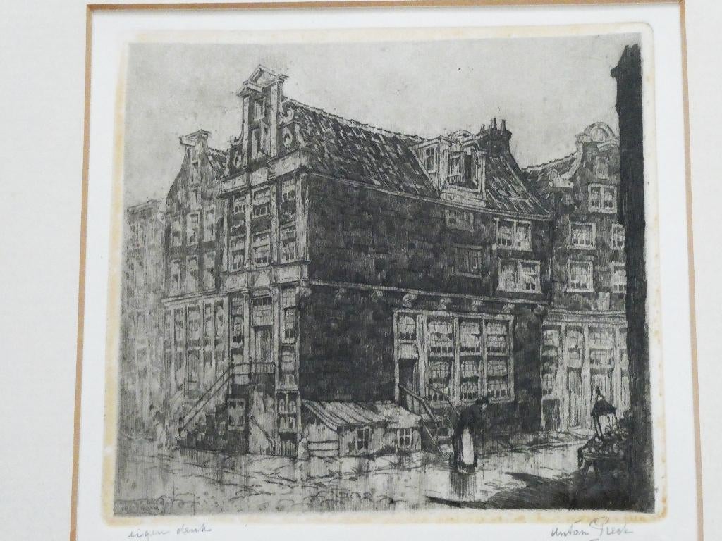 Originele Anton Pieck ets Korte Prinsengracht Amsterdam 1917, Antiek en Kunst, Kunst | Etsen en Gravures, Ophalen of Verzenden