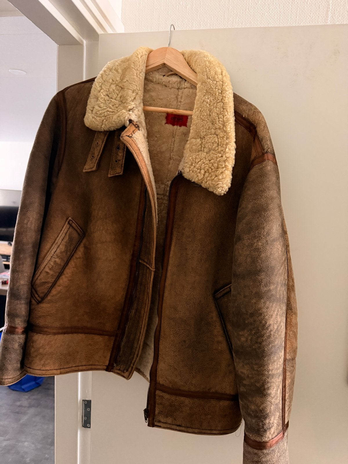 Vintage Offset Leren Jas met Schapenvacht Voering, Ophalen of Verzenden, Gedragen, Overige maten, Bruin